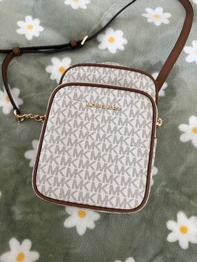 Michael Kors Beige Logo Crossbody with Brown Trim